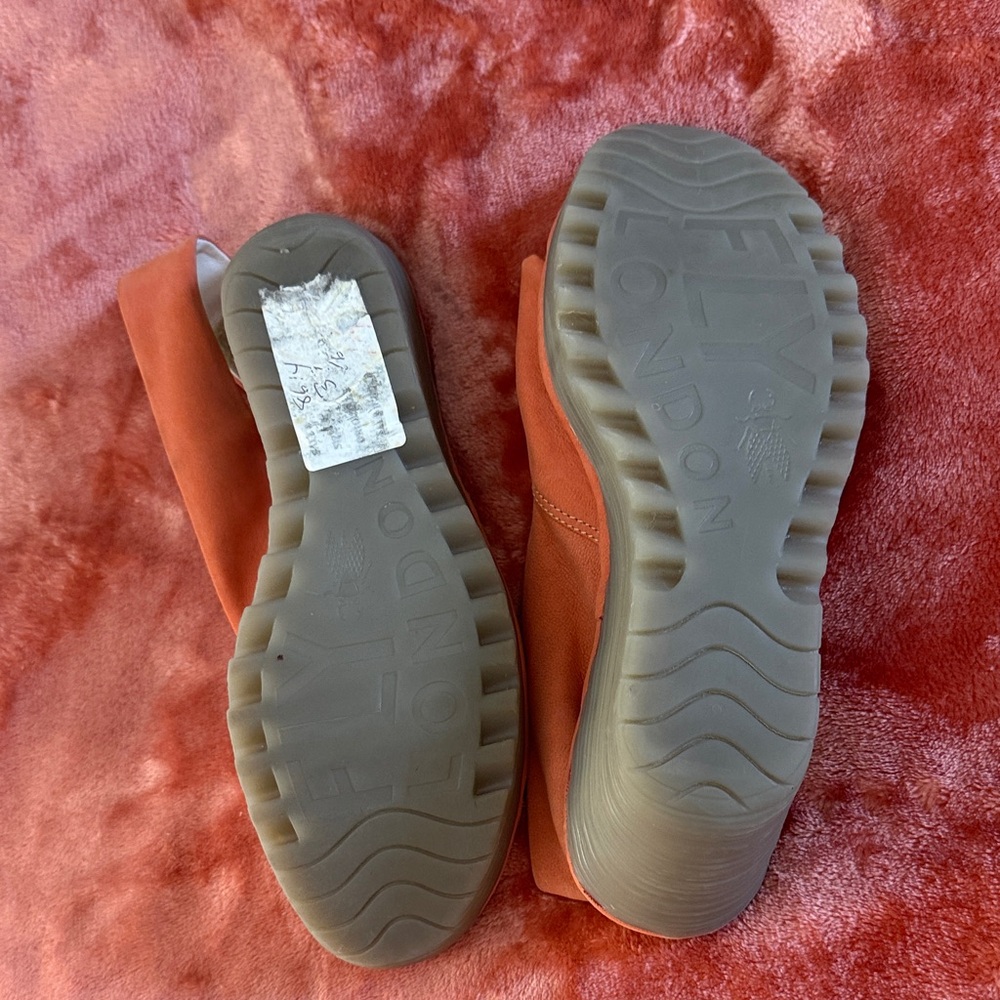FLY LONDON Yakin Peep Toe Nubuck Leather Wedge Slingback Sandals Coral | SZ 39 - Picture 4 of 6